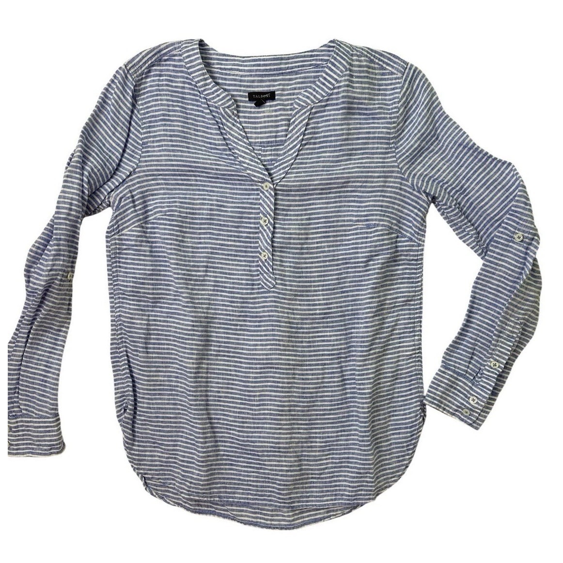 Talbots 100% Linen Popover Top Women S Blue White Striped Roll Tab Coastal Light